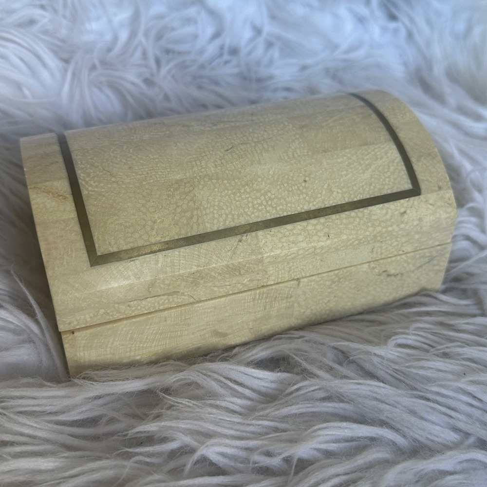 Vintage domed Tessellated Fossilized Coral jewelry box W Brass inlay & hinges